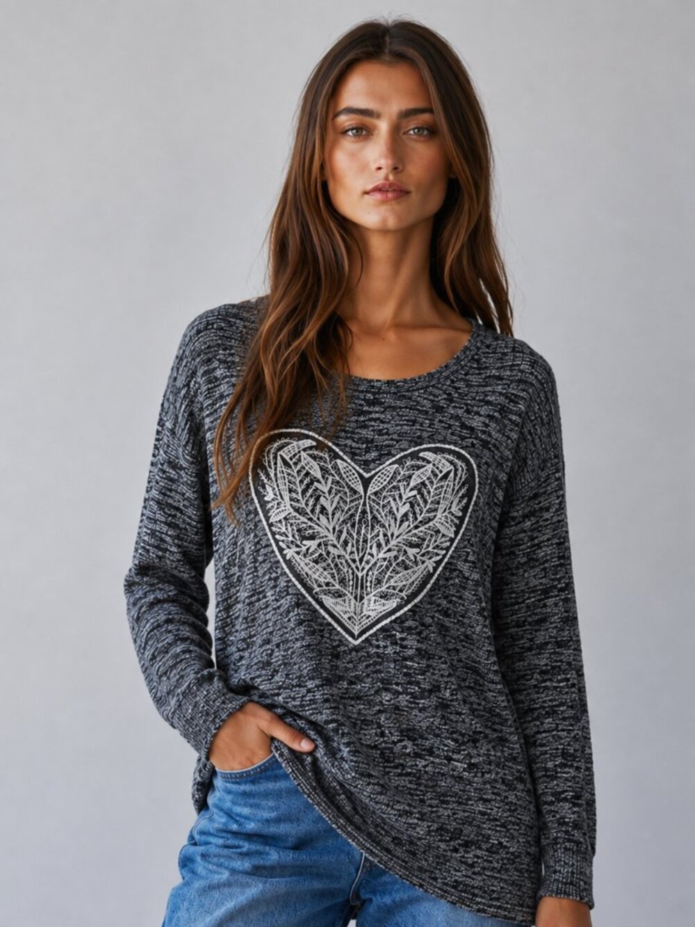 Charcoal knit w. white lace heart design